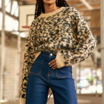 Pull may � imprim� l�opard beige et noir