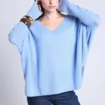 Pull poncho col v bleu clair en cachemire