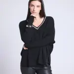 Pull poncho col v noir et argent en cachemire