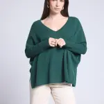 Pull poncho col v vert fonc en cachemire