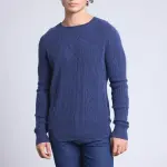Pull torsade col rond bleu en cachemire