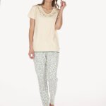 Pyjama pour femme en coton beige / imp