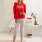 Pyjama femme en coton coeur et motif rennes - rouge