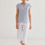 Pyjama femme en coton rayures et voiliers voili - bleu denim