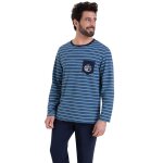 Pyjama long col rond rayures waves athena bleu en coton
