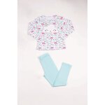 Pyjama long fille en coton - blanc imprim� / vert aqua