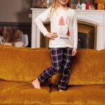 Pyjama long fille en coton - cru  motifs sapins de nol / bleu marine  carreaux contrasts