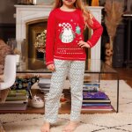 Pyjama long fille en coton - rouge blanc et vert - motifs no�l
