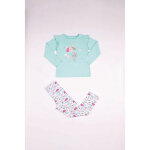 Pyjama long fille - vert aqua � motifs color�s - pluie et petite souris bleu clair en coton