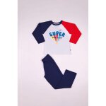 Pyjama long gar�on en coton - blanc - bleu marine - rouge imprim� / bleu marine