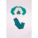 Pyjama long garon en coton - blanc et vert imprim / vert  carreaux - mini aventurier