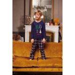 Pyjama long garon en coton - bleu marine imprim / bleu marine  carreaux - sapins de nol