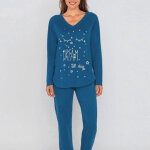 Pyjama tee - shirt asym�trique imprim� pantalon uni femme - bleu nuit