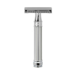 Rasoir de s�curit� � double tranchant avec manche chrom� aspect orge et lame feather