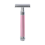 Rasoir de s�curit� � double tranchant avec poign�e extra - longue rose chrom�e et lame feather