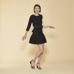 Robe bas volant manches 3 / 4 gigot et ceinture avec perles femme - noir en coton