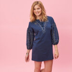 Robe courte col caftan manches longues avec imprimés femme - bleu nuit en coton Robe courte col caftan manches longues avec imprimés femme - bleu nuit en coton