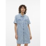 Robe en denim fermeture par bouton court col chemise manches avec revers manches courtes bleu sam