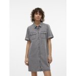 Robe en denim fermeture par bouton court col chemise manches avec revers manches courtes gris bella Robe en denim fermeture par bouton court col chemise manches avec revers manches courtes gris bella