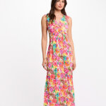 Robe fluide imprim�e sans manches multicolore