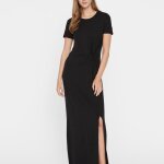 Robe longue slim fit col rond manches courtes noir