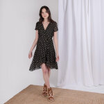 Robe portefeuille  pois dor marina en viscose noir