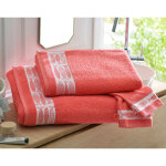Serviette de bain en coton orange corail uni avec liteau motif poissons - collection sardinette