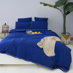 Les signatures - housse de couette en percale de coton - bleu marine / passepoil blanc