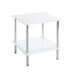 Table d'appoint carré avec structure en tube d'acier chromé et plateau en mdf décor blanc brillant Table d'appoint carré avec structure en tube d'acier chromé et plateau en mdf décor blanc brillant