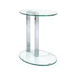 Table d'appoint ovale avec plateaux en verre trempé transparent et structure en métal chromé Table d'appoint ovale avec plateaux en verre trempé transparent et structure en métal chromé