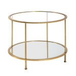 Table d'appoint ronde en tube d'acier laqu or avec plateau de dessous en miroir et plateau de dessus ...