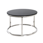 Table d'appoint avec structure en inox brillant et plateau en verre trempé noir Table d'appoint avec structure en inox brillant et plateau en verre trempé noir