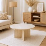 Table basse ronde lgante calyptus effet travertin beige