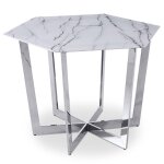 Table hexagonale 120cm zadig verre effet marbre blanc et pied m�tal argent