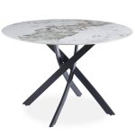 Table ronde bangui cramique effet marbre blanc et pieds croiss mtal noir