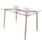Table en verre pieds m�tal effet bois 75x115cm
