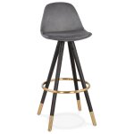 Tabouret de bar design 'chicago' en velours gris et 4 pieds en bois noir