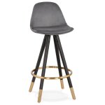 Tabouret snack mi - hauteur design 'chicago mini' en velours gris et 4 pieds en bois noir