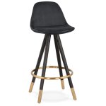 Tabouret snack mi - hauteur design 'chicago mini' en velours noir et 4 pieds en bois noir