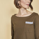 Tee - shirt col bateau manches longues bas volant contrast femme - kaki vert