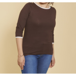 Tee - shirt col bateau manches longues biais contrastés et pressions femme - marron foncé en coton Tee - shirt col bateau manches longues biais contrastés et pressions femme - marron foncé en coton