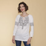 Tee - shirt col caftan manches 3 / 4 nid d'abeille et imprim femme - cru blanc en coton
