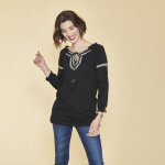 Tee - shirt col caftan manches 3 / 4 nid d'abeille et imprimé femme - noir en coton Tee - shirt col caftan manches 3 / 4 nid d'abeille et imprimé femme - noir en coton