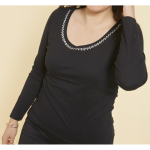 Tee - shirt col rond fantaisie manches longues femme - noir en coton Tee - shirt col rond fantaisie manches longues femme - noir en coton