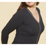 Tee - shirt col v et couture centrale avec perles fantaisie femme - noir en coton