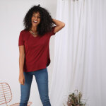 Tee - shirt col v manches courtes bas arrondi femme - rouge grenat en coton Tee - shirt col v manches courtes bas arrondi femme - rouge grenat en coton