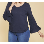 Tee - shirt col v manches longues évasées et sequins femme - bleu marine en coton Tee - shirt col v manches longues évasées et sequins femme - bleu marine en coton