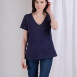Tee - shirt en coton bio col v anna bleu marine