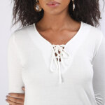 Tee - shirt vas col v avec cordon manches longues femme - cru blanc en coton