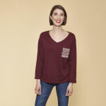Tee - shirt fendu manches longues poche plaquée imprimée femme - rouge grenat en coton Tee - shirt fendu manches longues poche plaquée imprimée femme - rouge grenat en coton